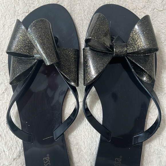 Melissa Black and Gold Glitter Bow Sandals Size 8 - Picture 2 of 7